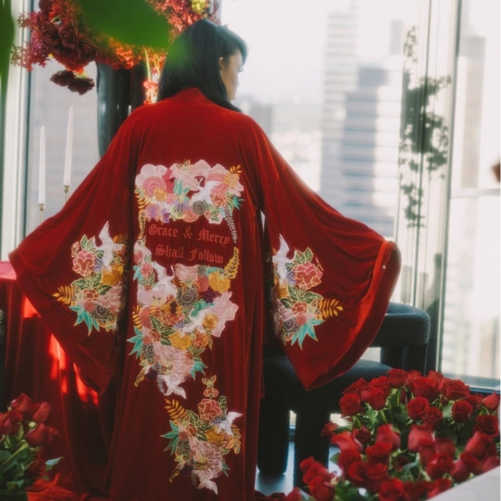 Elegant Red Floral Kimono Robe